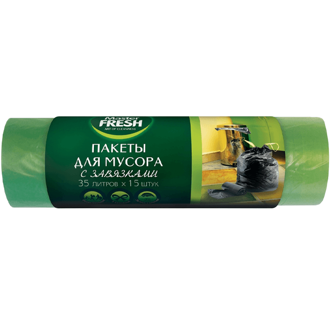 Мешки мусорные 35л/12мкм Master FRESH С завязками/ УШКАМИ, ЗЕЛЕНЫЕ (30 шт.рул)
