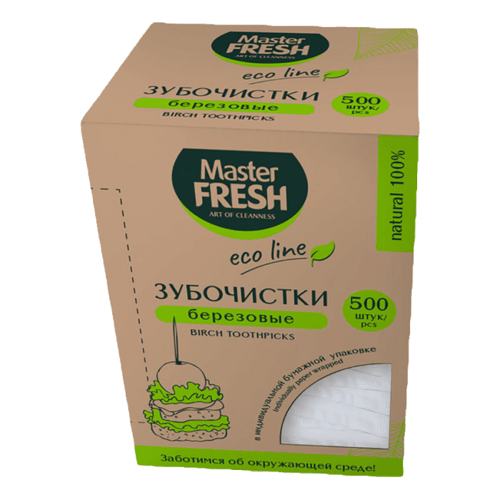 Зубочистки Master FRESH ЭКО в бум.инд. упаковке, в картон коробке (500 шт.упак) Зубочистки Master FRESH ЭКО в бум.инд. упаковке, в картон коробке (500 шт.упак)