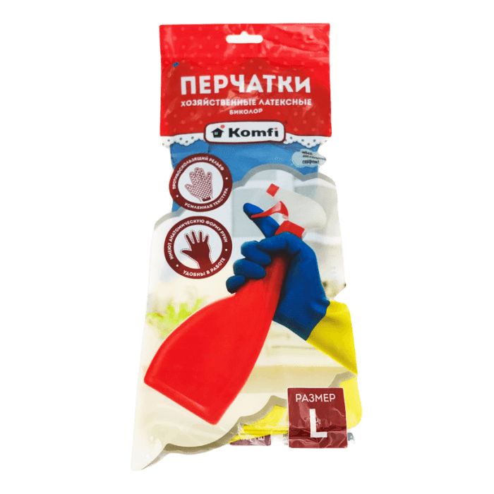 Перчатки латексные хозяйственные Биколор синий+желтый 47г Komfi, L (bicolo3) Перчатки латексные хозяйственные Биколор синий+желтый 47г Komfi, L (bicolo3)