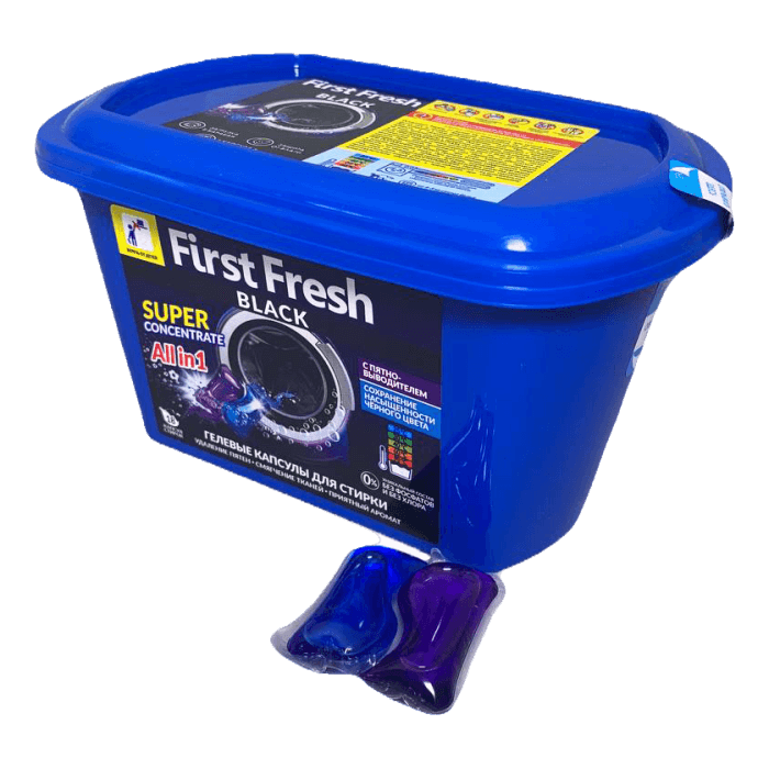 Капсулы для стирки белья "First Fresh" Black двухбункерные 18шт*15гр c пятновыводителем Капсулы для стирки белья "First Fresh" Black двухбункерные 18шт*15гр c пятновыводителем